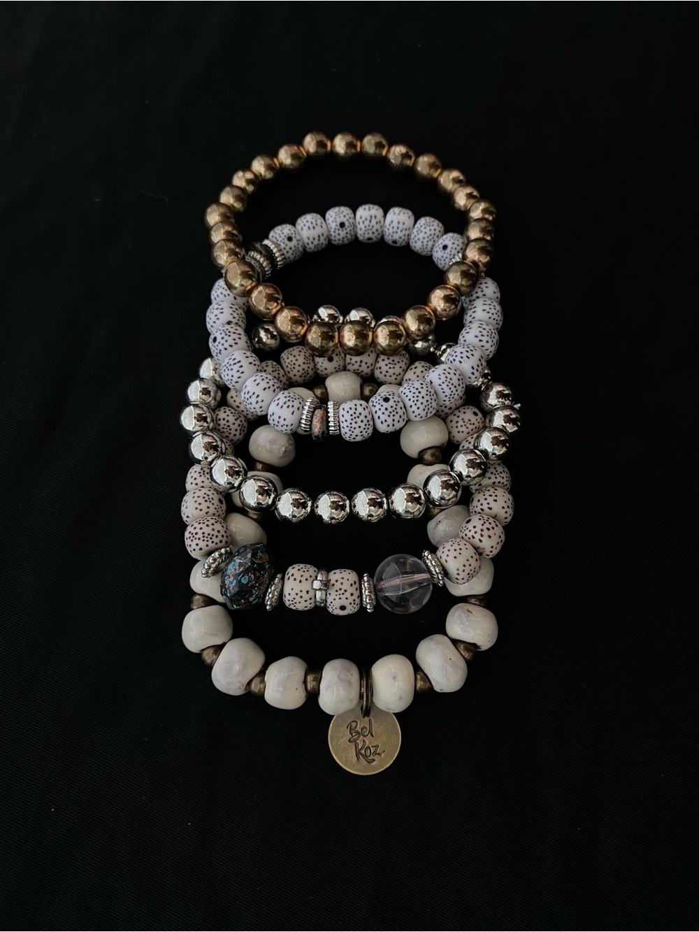 Bèl Kòz + 4 Unbranded Piece Boho Stacking Set of Stone/Faux Stone Bracelets